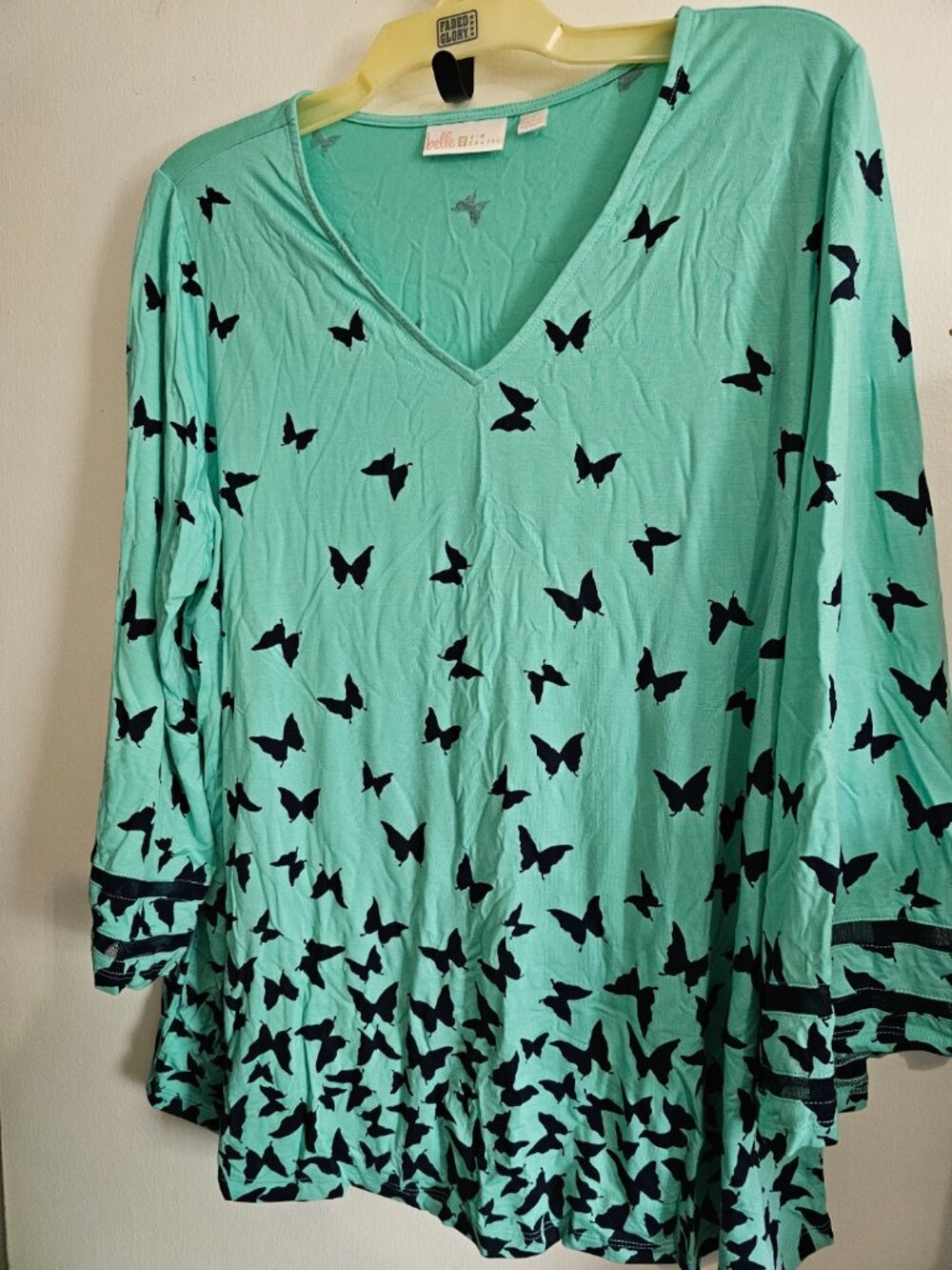 Belle by Kim Gravel Teal and Black Butterfly Long Sleeve Top 1X NOS - No Tags